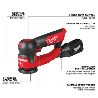 Milwaukee 2535-20 12V FUEL 3in Random Orbital Detail Sander (Tool Only) showing features of the tool