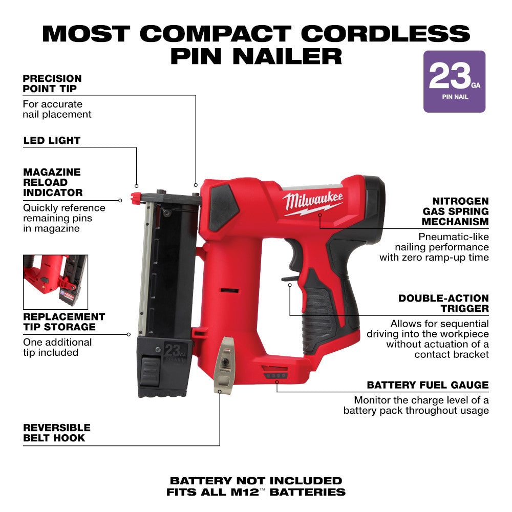 Milwaukee 2540-20 M12 Cordless 23-Gauge Pin Nailer (Tool-Only)