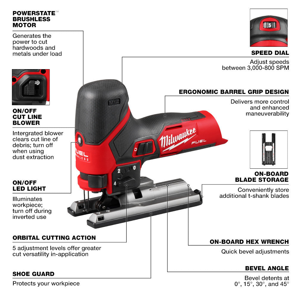 Milwaukee 2545-20 M12 FUEL Cordless Brushless Barrel Grip Jig Saw (Tool Only)