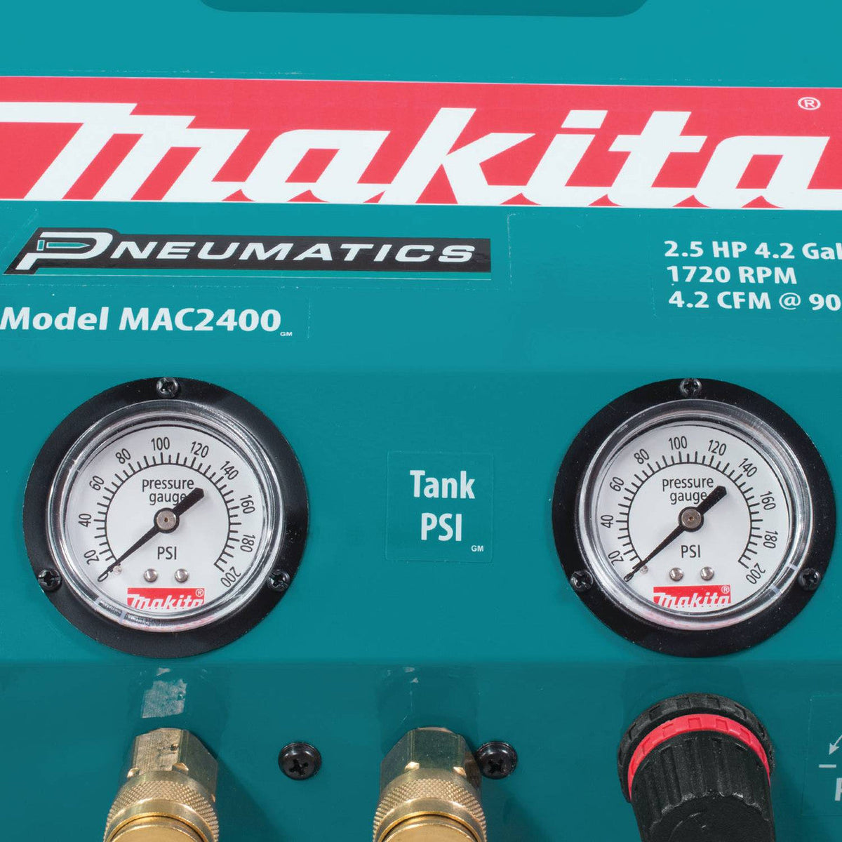 Makita MAC2400 12.3 Amp 2.5 HP Big Bore 4 Gallon Air Compressor showing close up on the the pressure dials