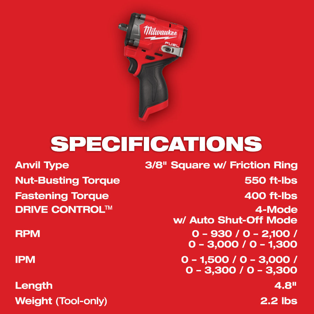 Milwaukee 2562-20 M12 FUEL Cordless Brushless 3/8 Inch Stubby Impact Wrench (Tool Only)
