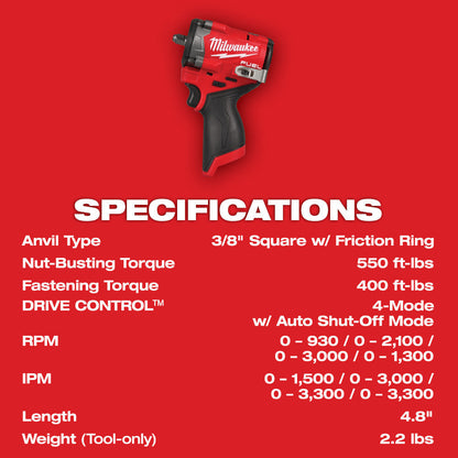 Milwaukee 2562-20 M12 FUEL Cordless Brushless 3/8 Inch Stubby Impact Wrench (Tool Only)