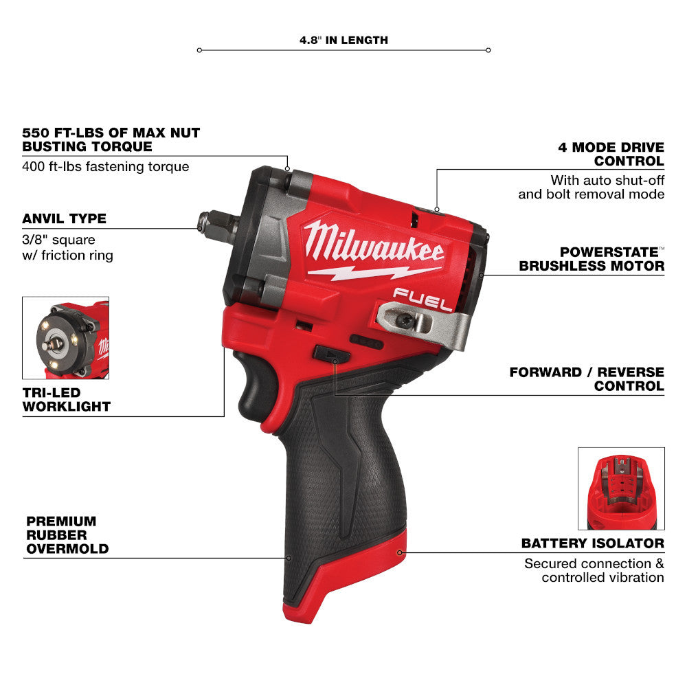 Milwaukee 2562-20 M12 FUEL Cordless Brushless 3/8 Inch Stubby Impact Wrench (Tool Only)