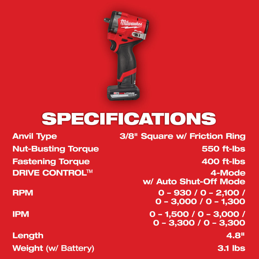 Milwaukee 2562-21 M12 FUEL Cordless Brushless 3/8 Inch Stubby Impact Wrench Kit