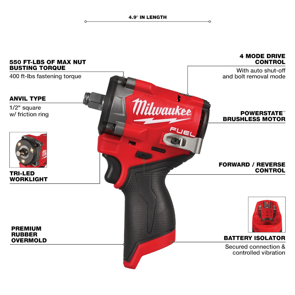 Milwaukee 2563-20 M12 FUEL Cordless Brushless 1/2 Inch Stubby Impact Wrench (Tool Only)