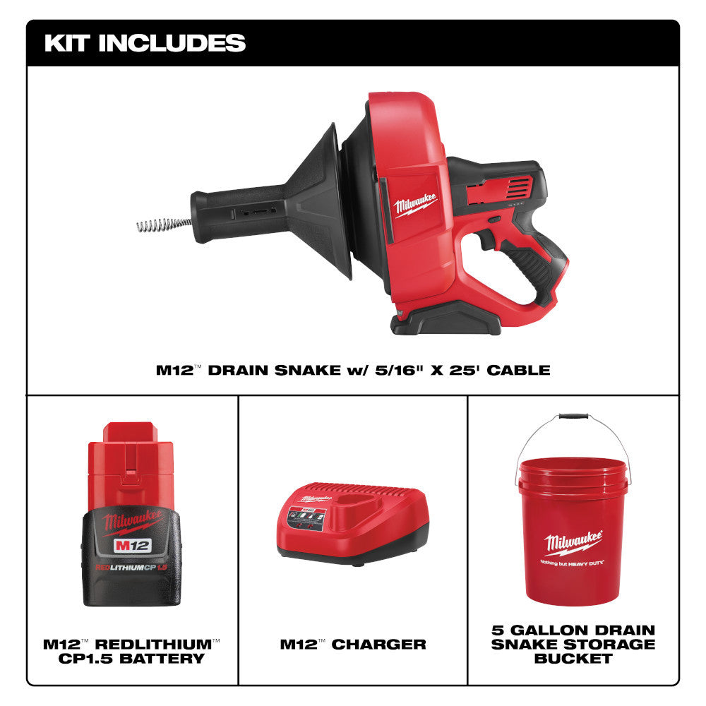Milwaukee 2571-21 M12 Cordless Auger Drain Snake with 5/16 inch Cable Kit showing inclusions of the kit
