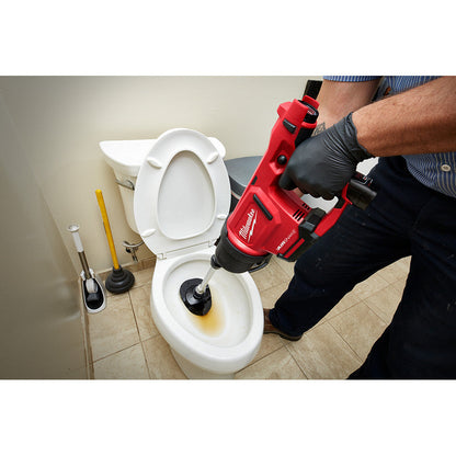 Milwaukee 2572B-21 M12 AIRSNAKE Cordless Drain Cleaning Air Gun Kit showing in use clearing a toilet