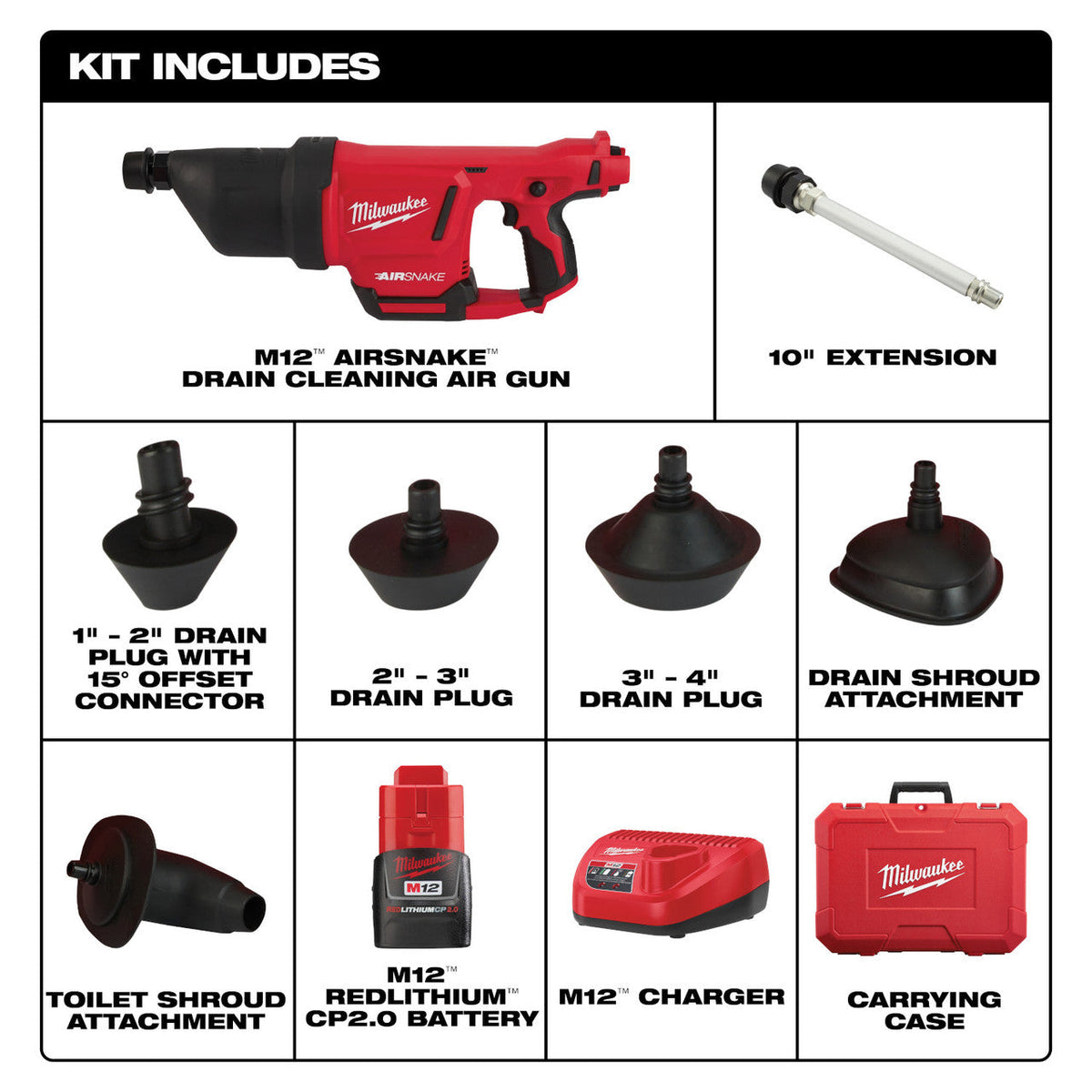 Milwaukee 2572B-21 M12 AIRSNAKE Cordless Drain Cleaning Air Gun Kit showing inclusions of the kit