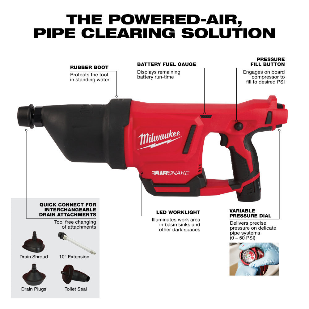 Milwaukee 2572B-21 M12 AIRSNAKE Cordless Drain Cleaning Air Gun Kit showing features of the air snake