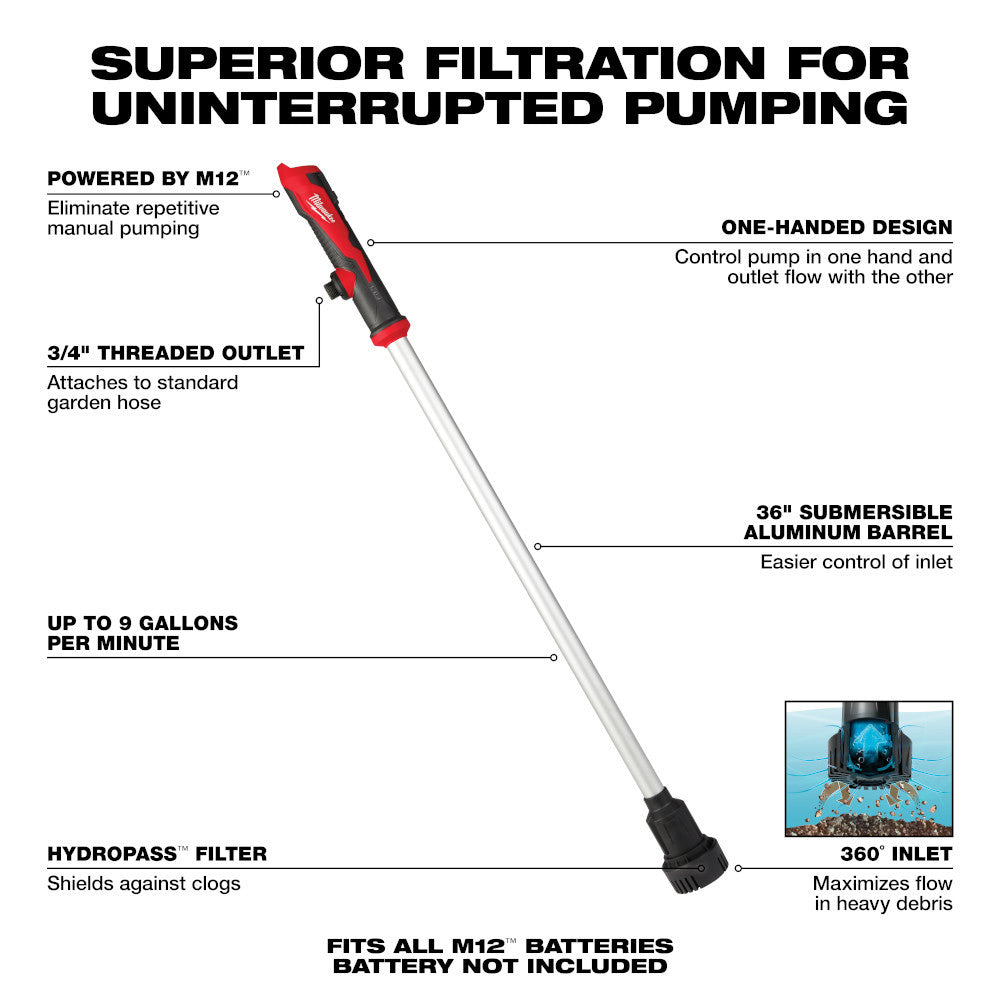 Milwaukee 2579-20 M12 Cordless Stick Transfer Pump (Tool Only) showing features of the transfer pump