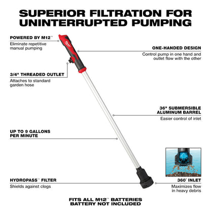 Milwaukee 2579-20 M12 Cordless Stick Transfer Pump (Tool Only) showing features of the transfer pump