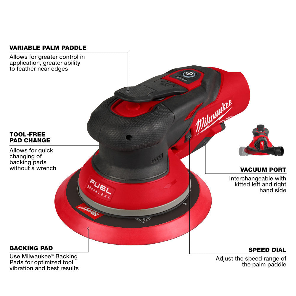 Milwaukee 2585-20 12V FUEL 6in Random Orbital Sander (Tool Only) showing features of the tool
