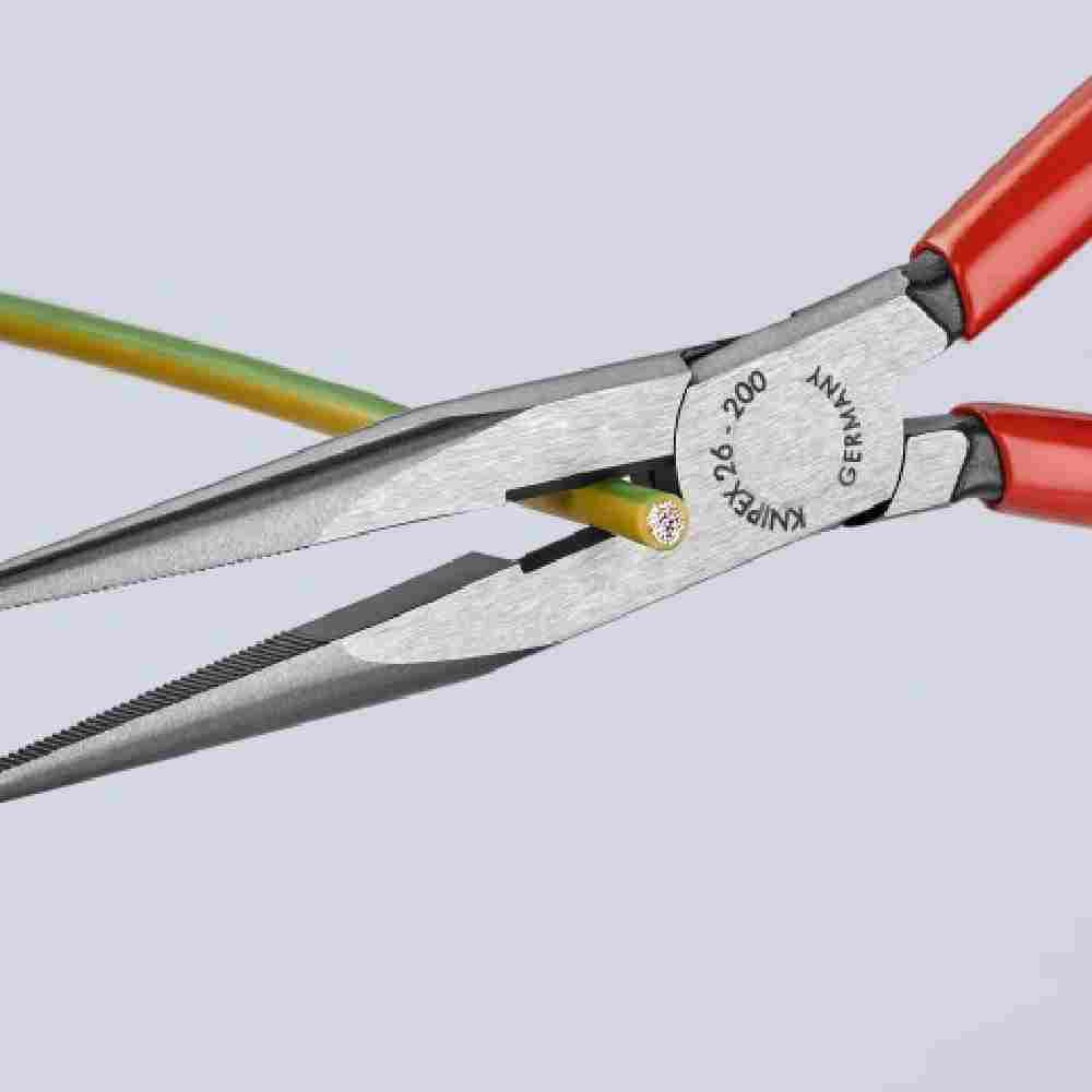 Knipex 2612200SBA 8 inch Long Nose Comfort Pliers with Cutter showing while cutting wire