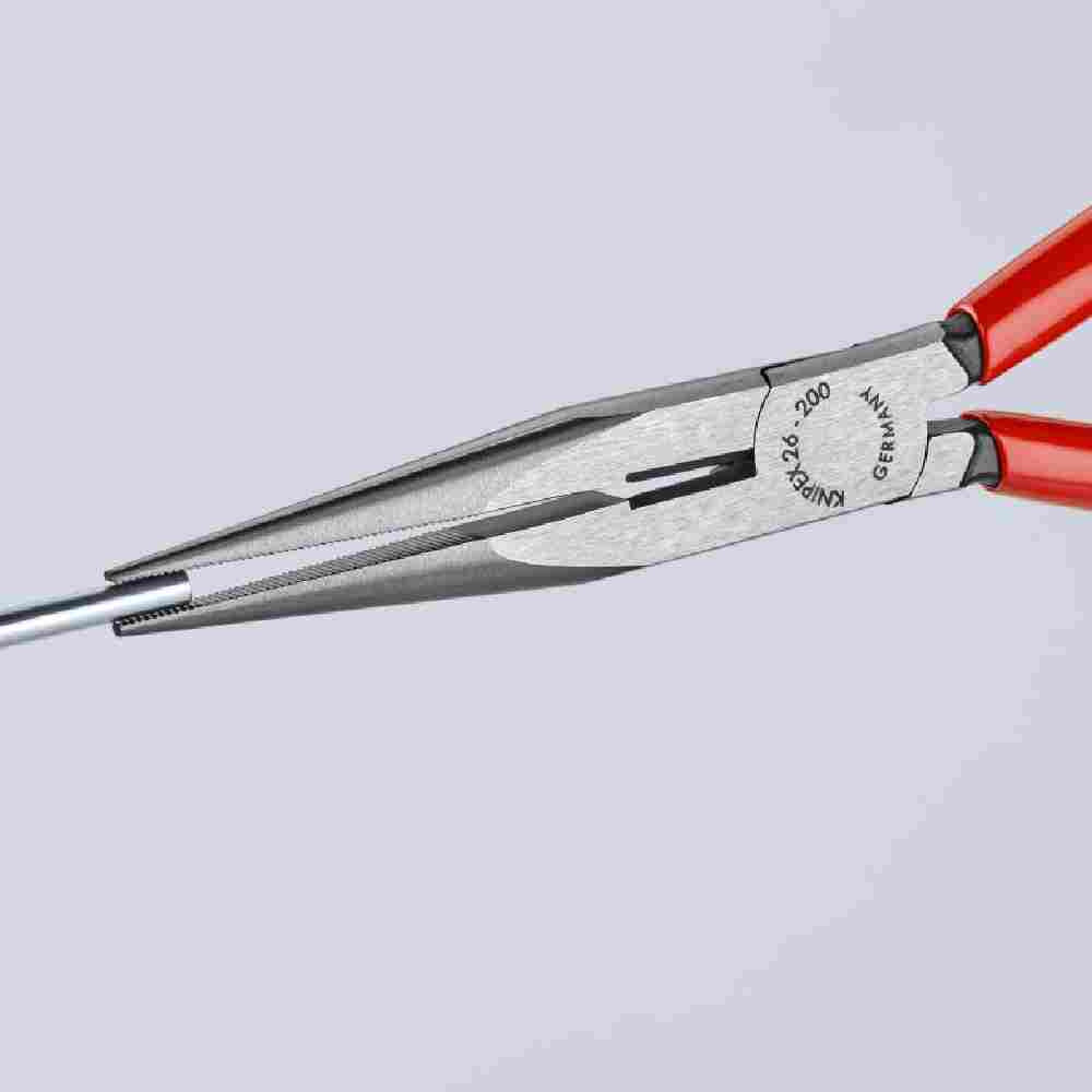 Knipex 2612200SBA 8 inch Long Nose Comfort Pliers with Cutter showing while holding round wire