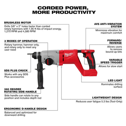 Milwaukee 2613-20 M18 Cordless Brushless 1 inch SDS Plus D-Handle Rotary Hammer (Tool Only) showing features of the hammer drill