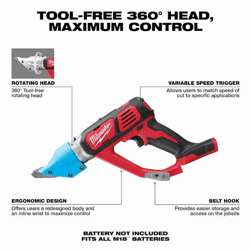 Milwaukee 2636-20 M18 Cordless 14 Gauge Double Cut Shears (Tool Only) showing features of the shears