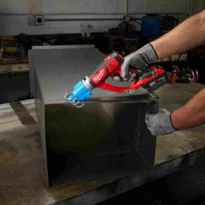 Milwaukee 2636-20 M18 Cordless 14 Gauge Double Cut Shears (Tool Only) showing in use cut squared off sheet metal