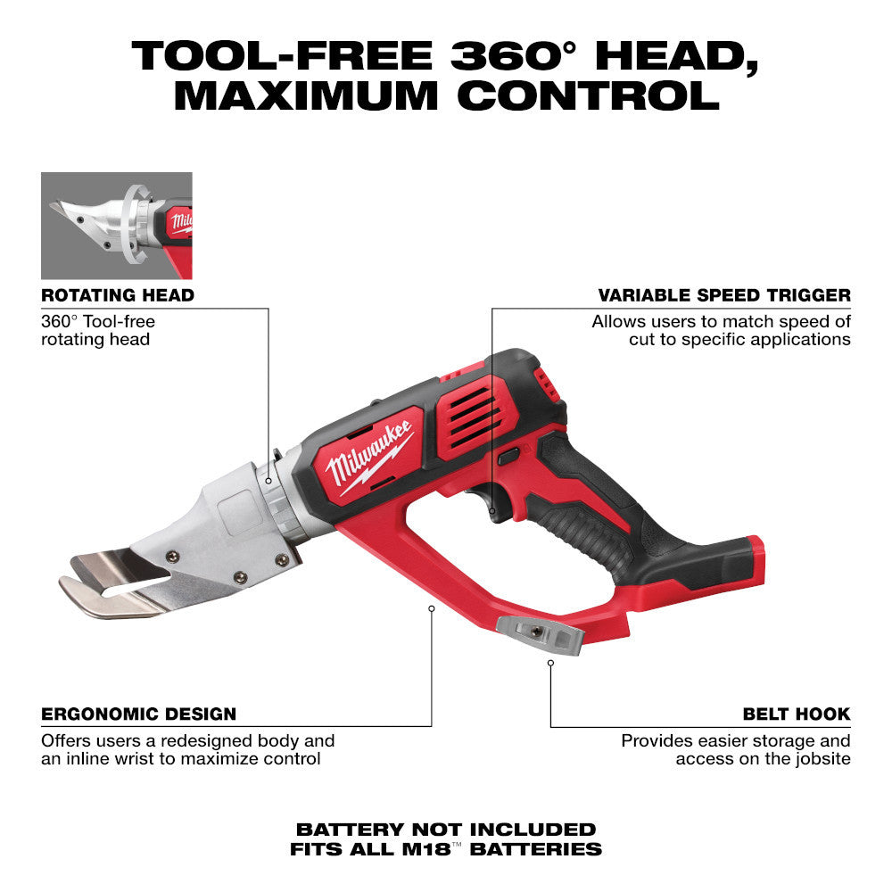 Milwaukee 2637-20 M18 Cordless 18 Gauge Single Cut Metal Shear (Tool Only) showing features of the shears