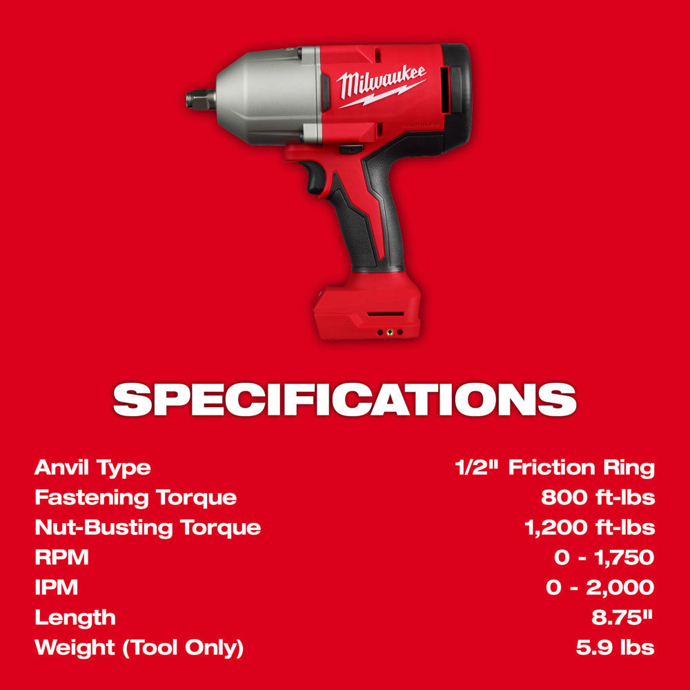 Milwaukee 2666-20 M18 Cordless Brushless 1/2 Inch High-Torque Impact Wrench with Friction Ring (Tool Only)