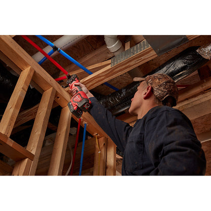 Milwaukee 2674-22C M18 Cordless Short Throw Press Tool Kit with PEX Crimp Jaws showing in use crimping water lines in the ceiling