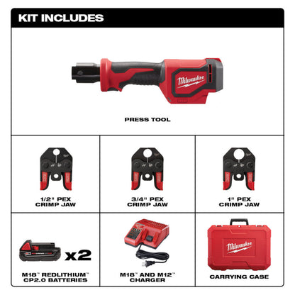Milwaukee 2674-22C M18 Cordless Short Throw Press Tool Kit with PEX Crimp Jaws showing inclusions of the kit