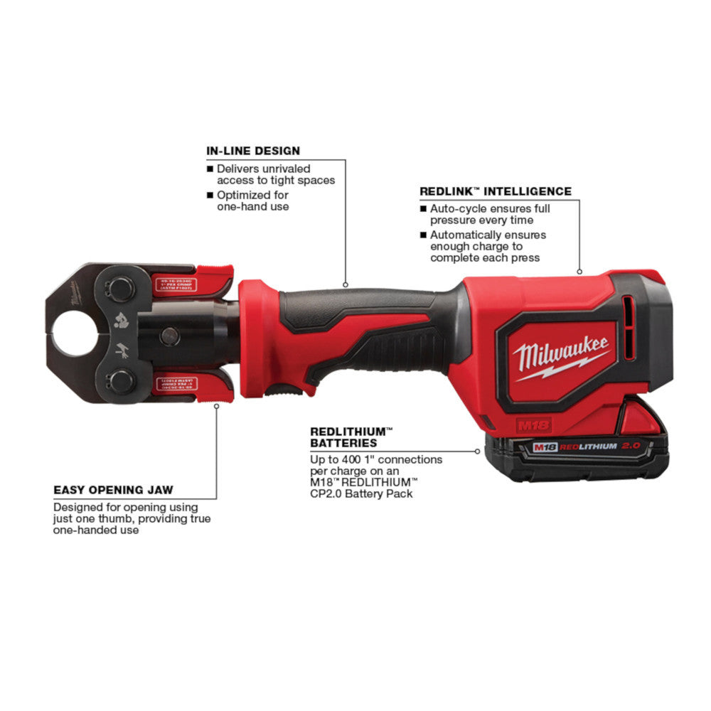 Milwaukee 2674-22C M18 Cordless Short Throw Press Tool Kit with PEX Crimp Jaws showing features of the pex crimper