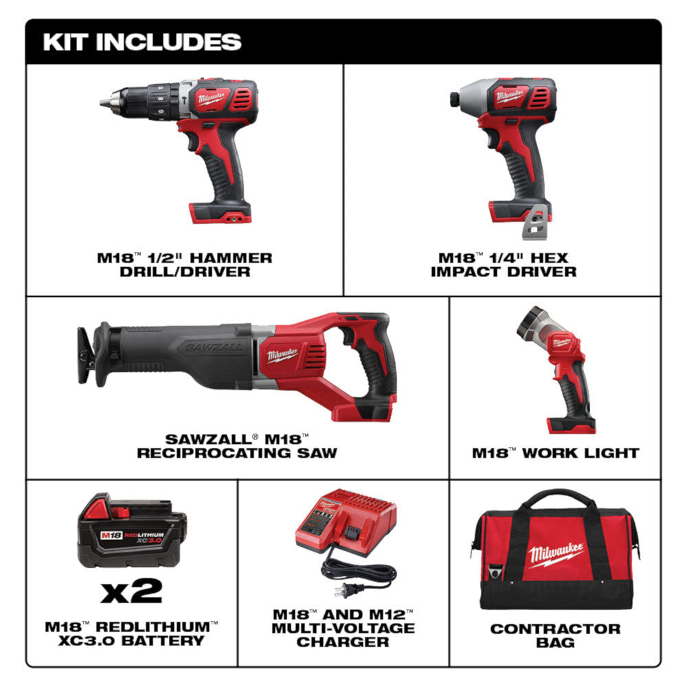 Milwaukee 2696-24 M18 4-Tool Cordless 1/2 Inch Hammer Drill/Driver / 1/4 Inch  Hex Impact Driver / Reciprocating Saw / Work Light Combo Kit