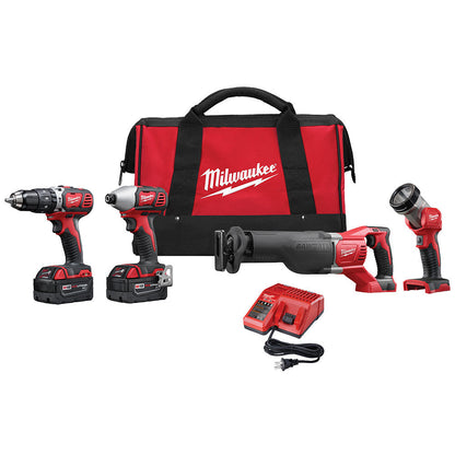 Milwaukee 2696-24 M18 4-Tool Cordless 1/2 Inch Hammer Drill/Driver / 1/4 Inch  Hex Impact Driver / Reciprocating Saw / Work Light Combo Kit