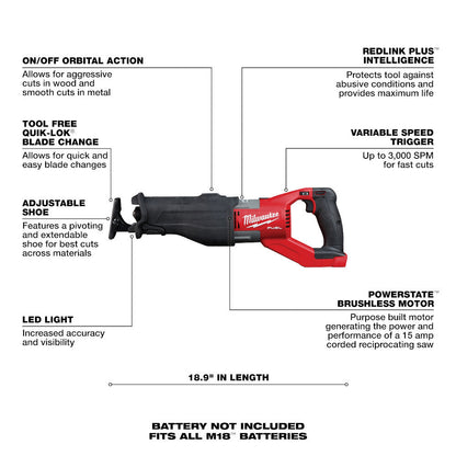 Milwaukee 2722-20 M18 FUEL SUPER SAWZALL Reciprocating Saw Tool Only