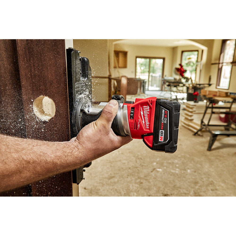 Milwaukee 2723-20 M18 FUEL Compact Router cutting wood (battery sold separately)