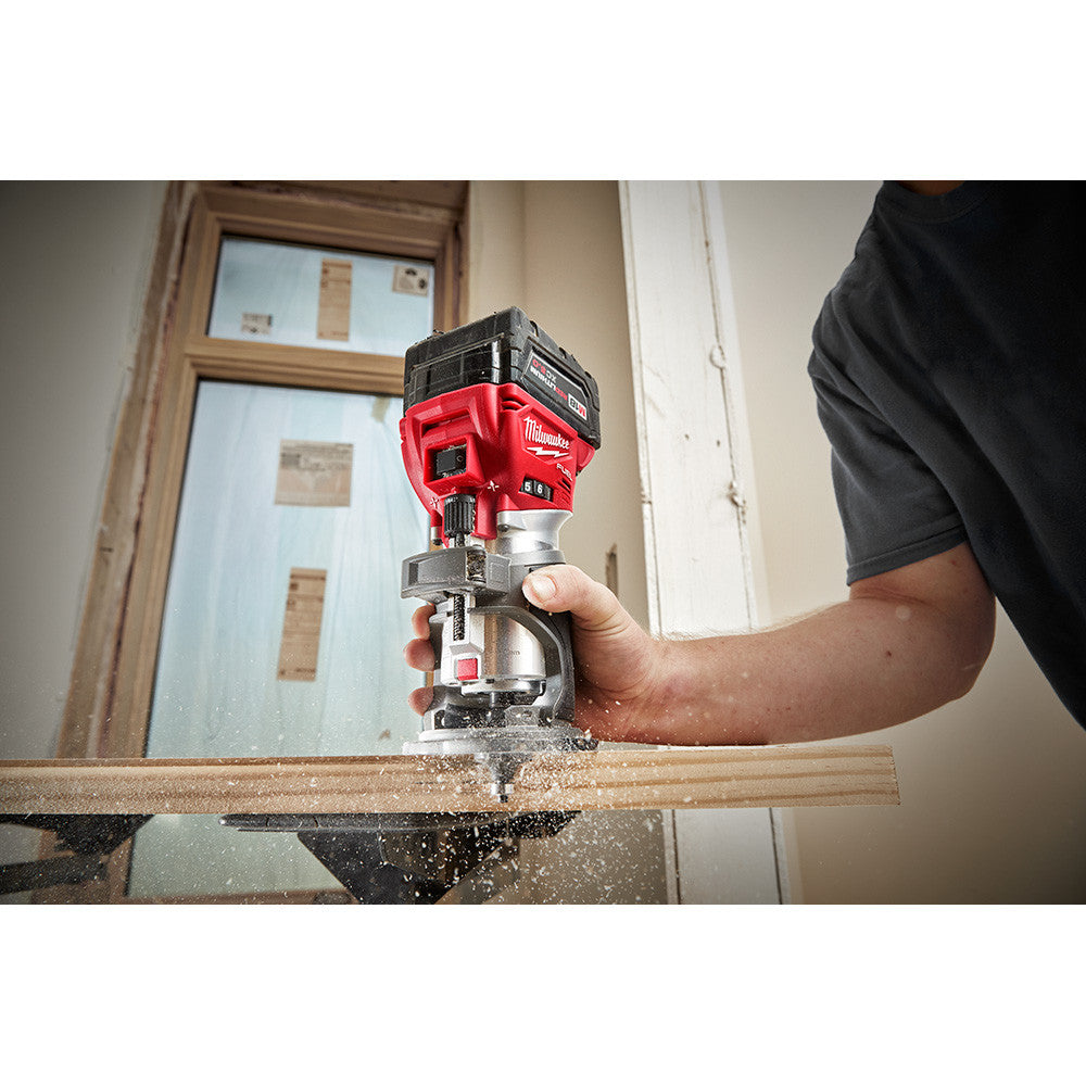 Milwaukee 2723-20 M18 FUEL Compact Router cutting wood (battery sold separately)
