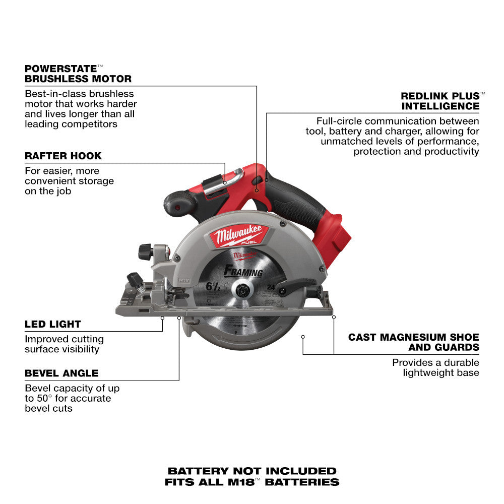 Milwaukee 3697-25 M18 FUEL 5-Tool Cordless 1/2 inch Hammer Drill / 1/4 inch Impact Driver / SAWZALL Recip Saw / 6-1/2 inch Circ Saw / Work Light Combo Kit showing features of the skil saw