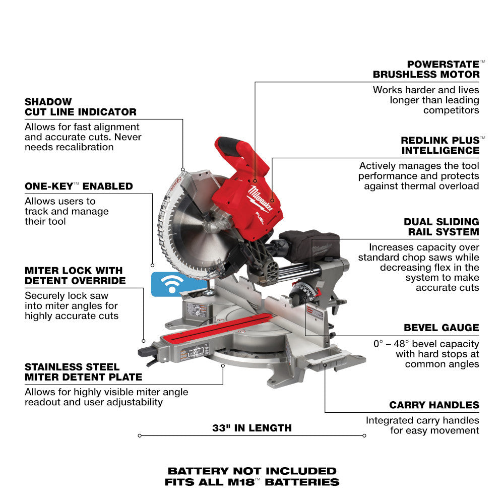 Milwaukee 2739-20 M18 FUEL Cordless Brushless 12 inch Dual Bevel Sliding Compound Miter Saw with ONE-KEY (Tool Only)
