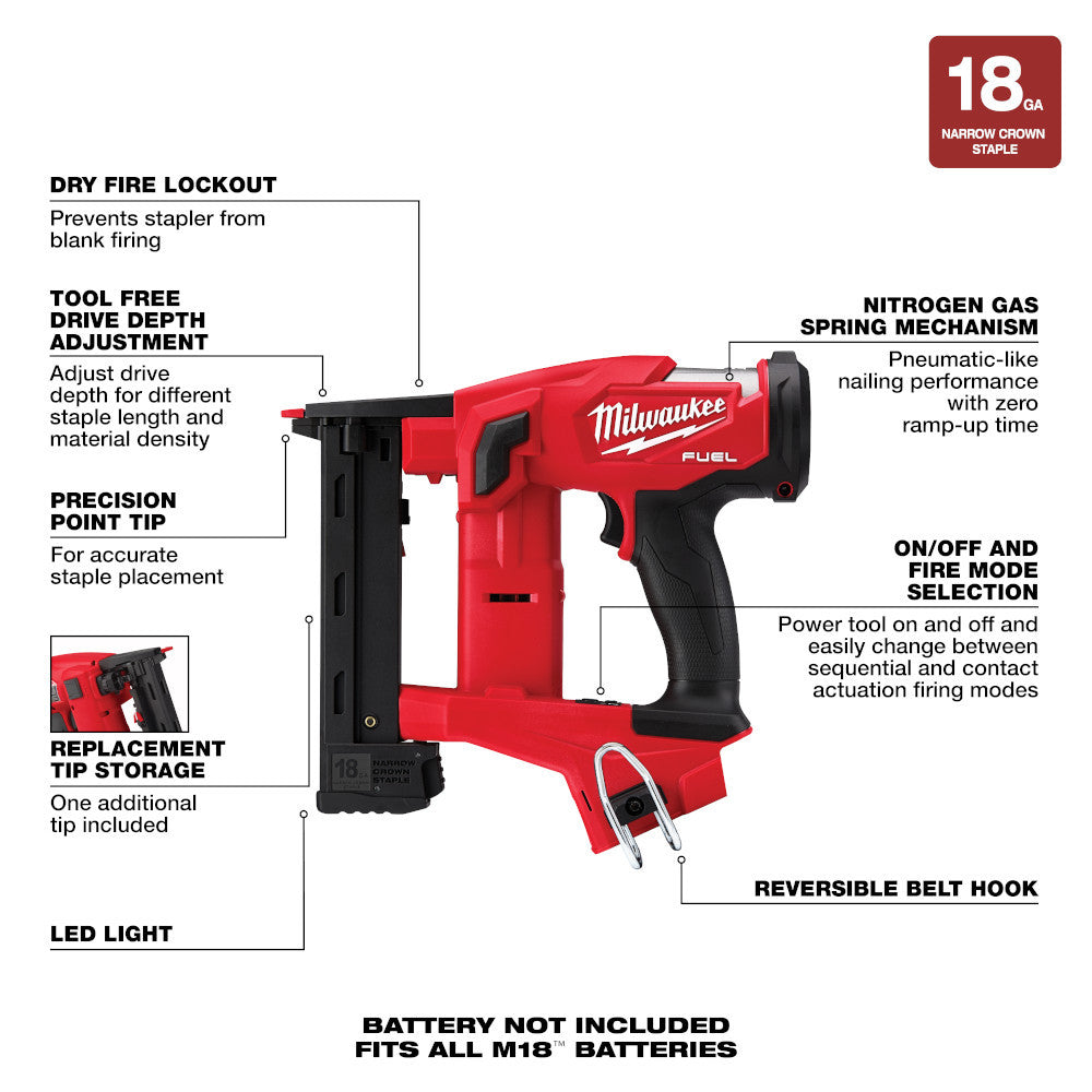 Milwaukee 2749-20 M18 FUEL 18 Gauge 1/4-Inch Narrow Crown Stapler (Tool Only)