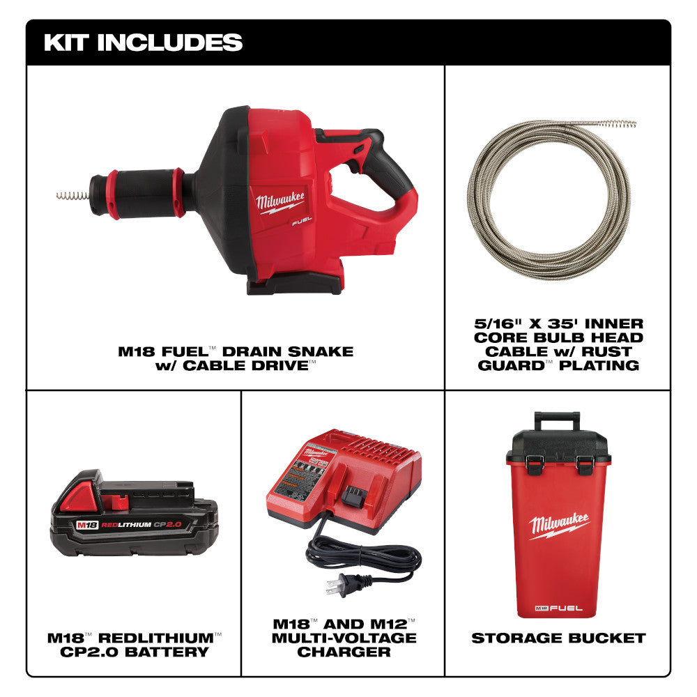 Milwaukee 2772A-21 M18 FUEL Cordless Drain Cleaning Snake Auger with CABLE DRIVE Kit showing inclusions of the kit