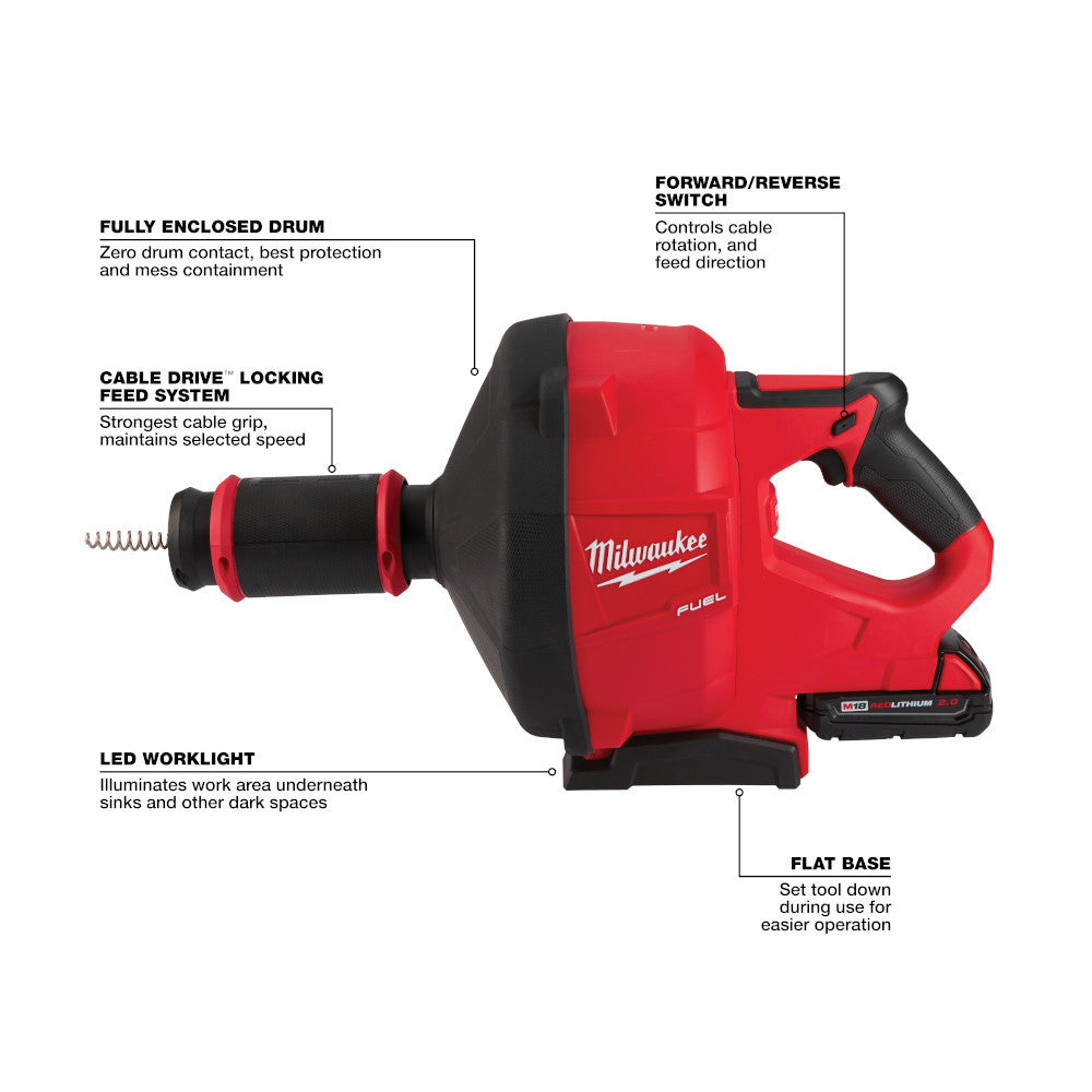 Milwaukee 2772A-21 M18 FUEL Cordless Drain Cleaning Snake Auger with CABLE DRIVE Kit showing features of the drain snake
