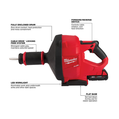 Milwaukee 2772A-21 M18 FUEL Cordless Drain Cleaning Snake Auger with CABLE DRIVE Kit showing features of the drain snake