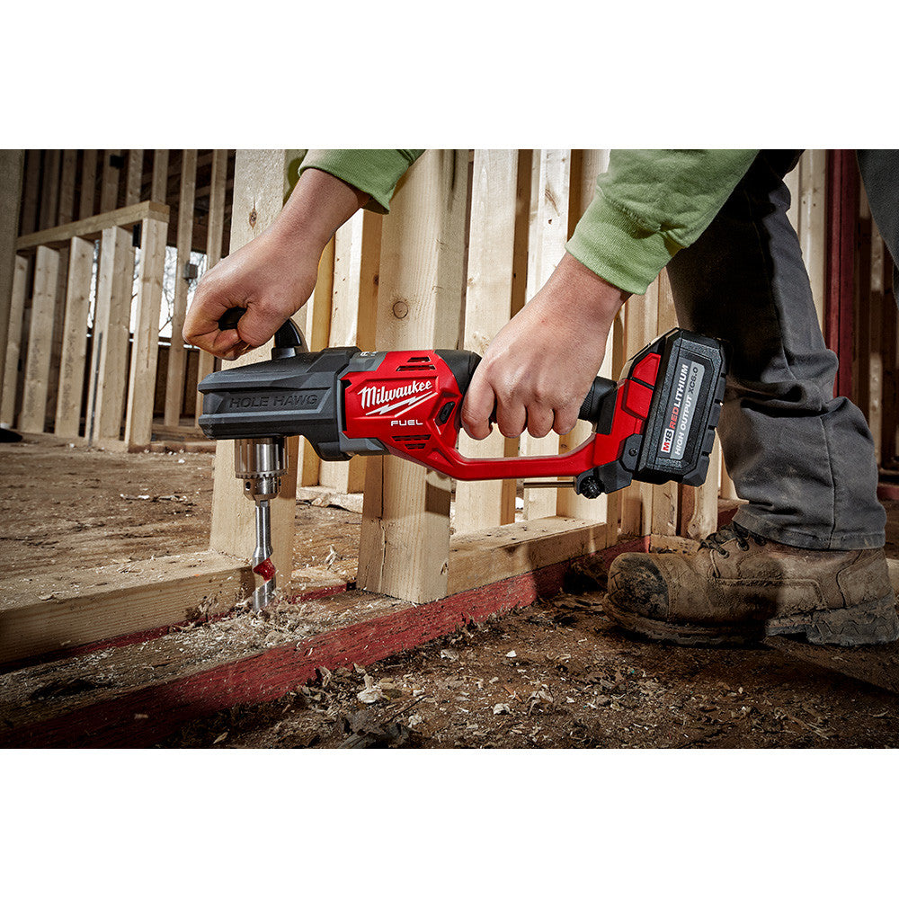 Milwaukee 2807-20 M18 FUEL HOLE HAWG 1/2 Inch  Right Angle Drill drilling into wood (battery sold separately)