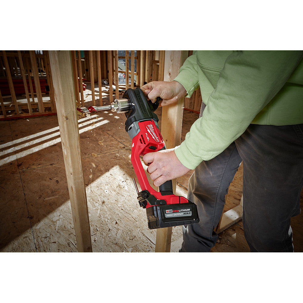 Milwaukee 2807-20 M18 FUEL HOLE HAWG 1/2 Inch  Right Angle Drill drilling into wood (battery sold separately)