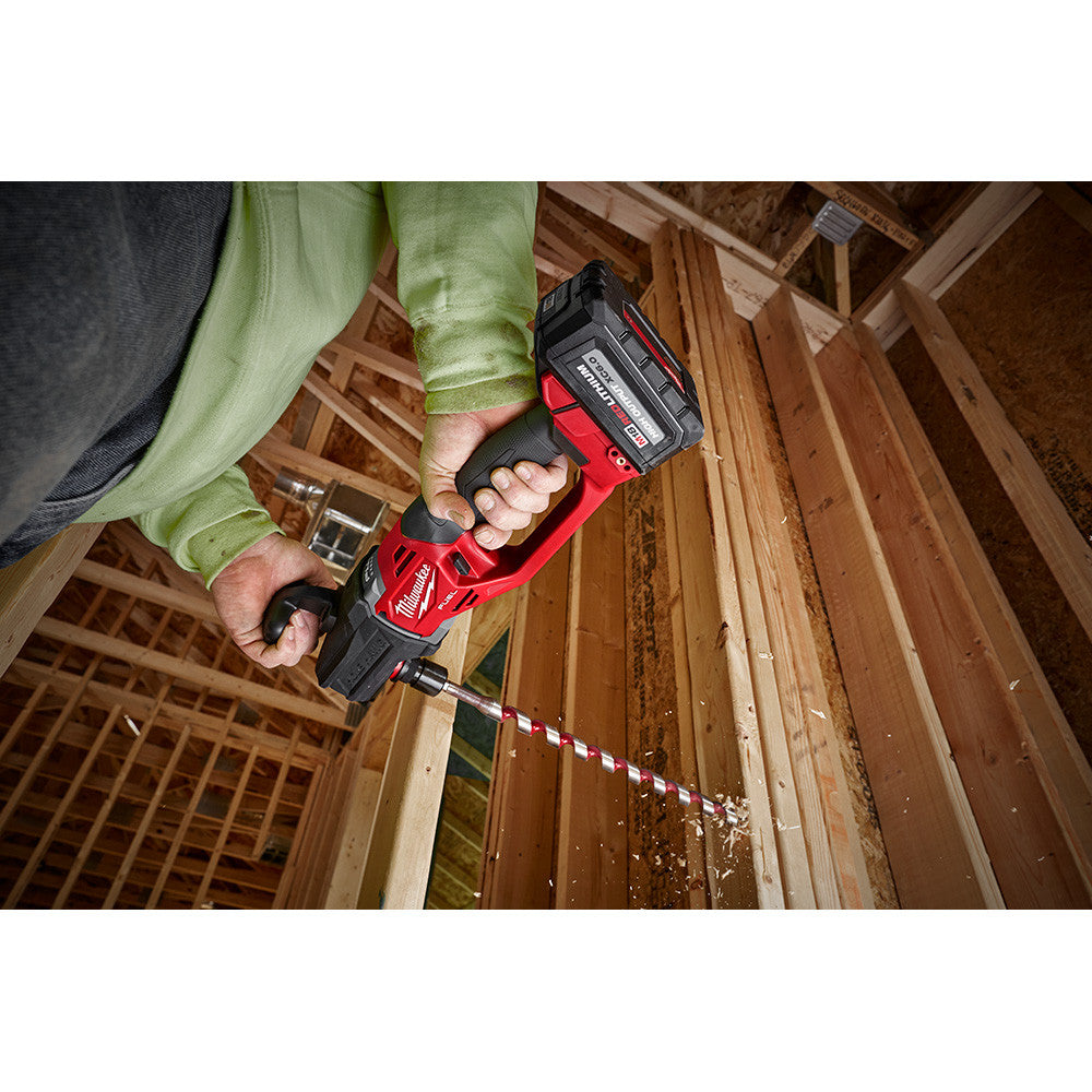 Milwaukee 2808-20 M18 FUEL HOLE HAWG Right Angle Drill with QUIK-LOK drilling into wood (battery sold separately)