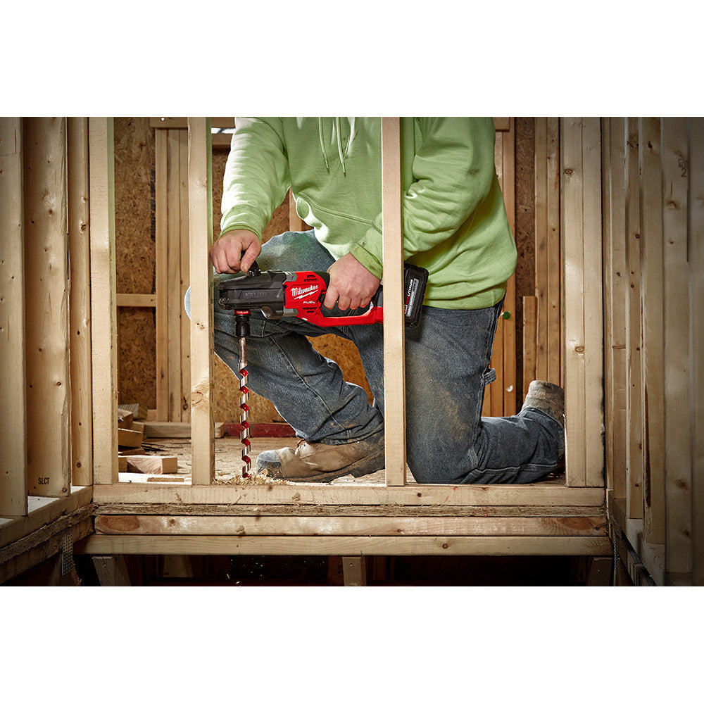 Milwaukee 2808-20 M18 FUEL HOLE HAWG Right Angle Drill with QUIK-LOK drilling into wood (battery sold separately)