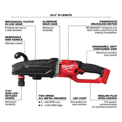 Milwaukee 2811-20 M18 FUEL SUPER HAWG Cordless Brushless Right Angle Drill (Tool Only) showing features of the drill