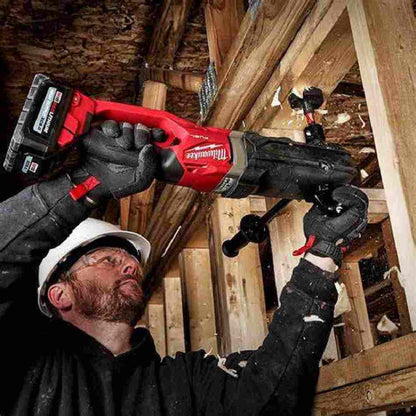 Milwaukee 2811-20 M18 FUEL SUPER HAWG Cordless Brushless Right Angle Drill (Tool Only) showing in use drilling upward vertically through wood plating