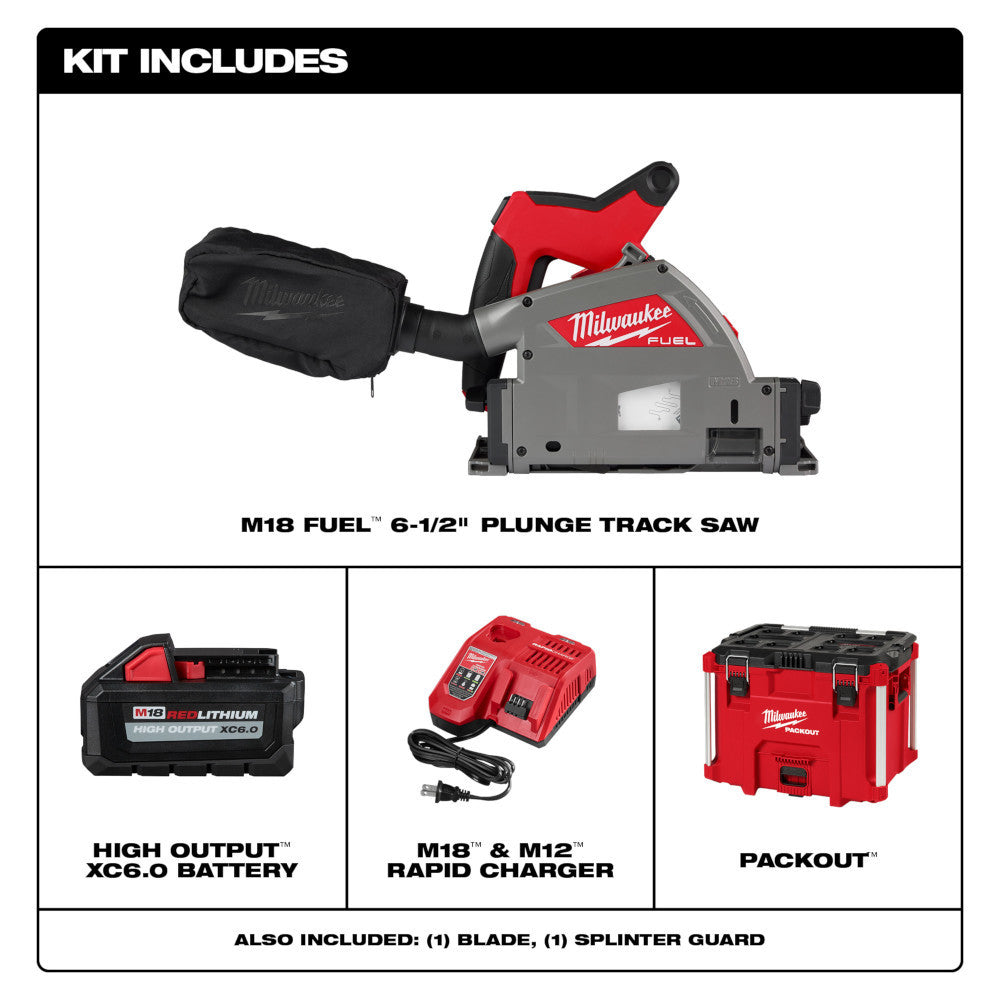 Milwaukee 2831-21 M18 FUEL Cordless Brushless 6-1/2 inch Plunge Track Saw Kit showing inclusions of the kit