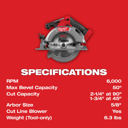 Milwaukee 2833-20 M18 FUEL Cordless Brushless 6-1/2 Inch Circular Saw (Tool Only)
