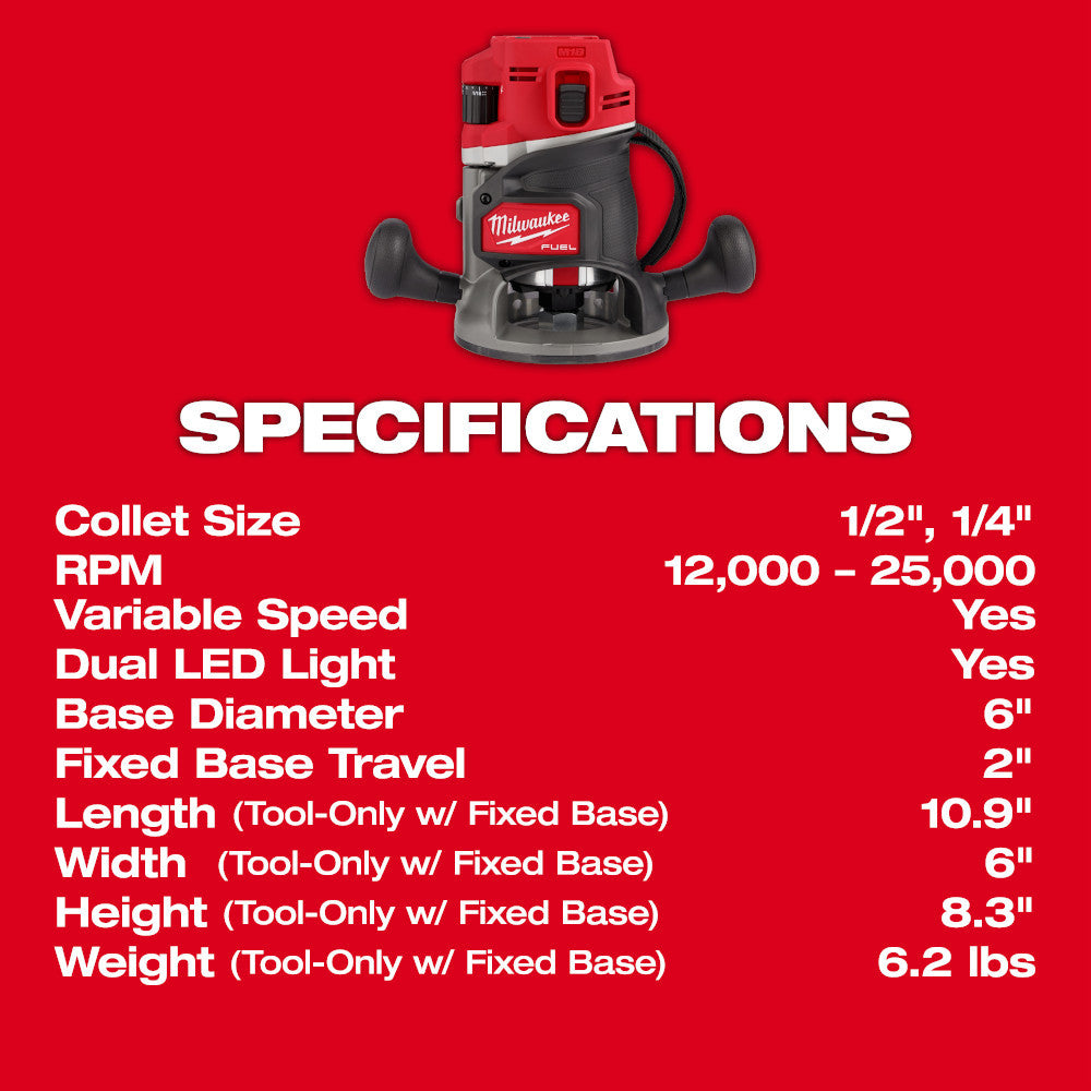 Milwaukee 2838-20 M18 FUEL 18V 1/2 inch Cordless Brushless Router (Tool Only)
