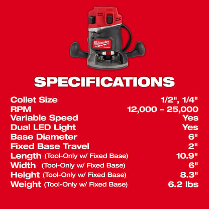 Milwaukee 2838-20 M18 FUEL 18V 1/2 inch Cordless Brushless Router (Tool Only)