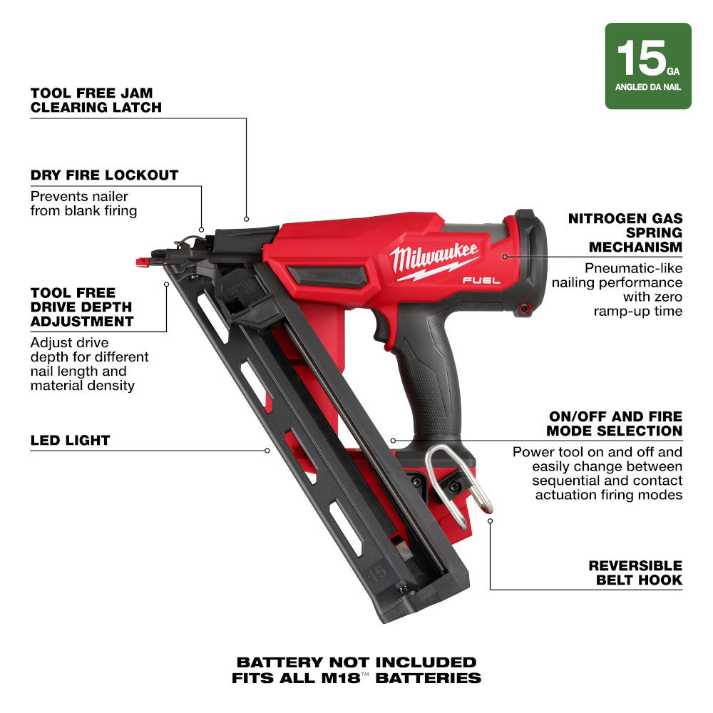 Milwaukee 2839-20 M18 FUEL Brushless 15-Gauge Angled Finish Nailer (Tool Only)