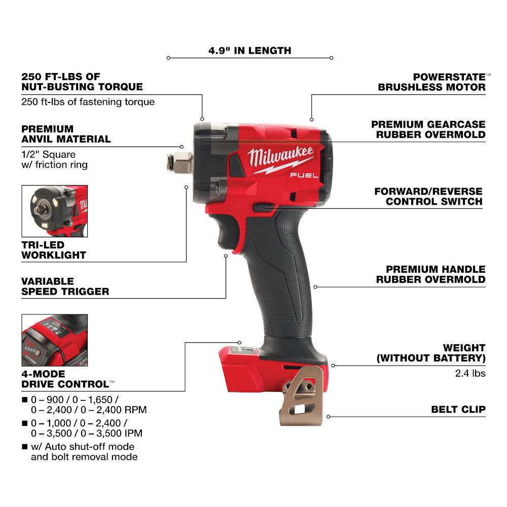 Milwaukee 2855-20 M18 FUEL 1/2 inch Compact Impact Wrench with Friction Ring (Tool Only)