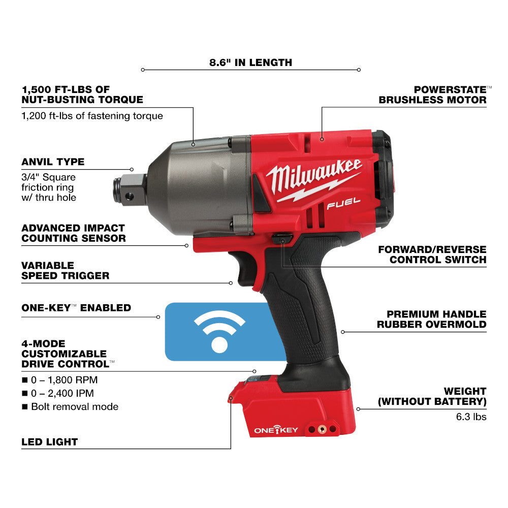 Milwaukee 2864-20 M18 FUEL  3/4 inch High-Torque Impact Wrench with Friction Ring and ONE-KEY (Tool Only)